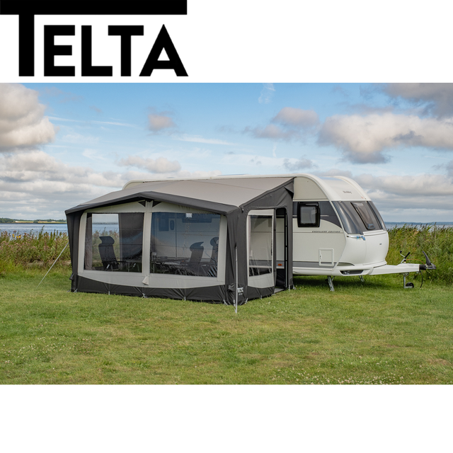 Telta Estate 390 air awning displayed with a spacious outdoor setup for residential use, showcasing its design and features.