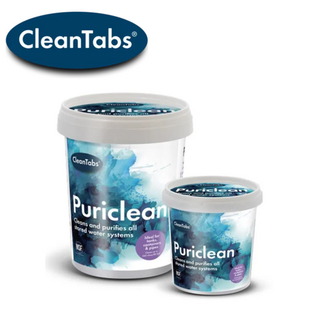 Cleantabs Puriclean tank cleaner in a bottle with label, designed for effective cleaning of tanks.