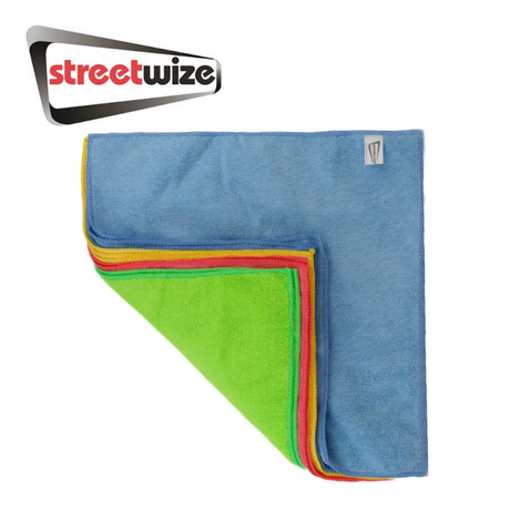 Multicolour pack of 10 Streetwize microfibre towels for cleaning and drying surfaces. Soft, absorbent, and versatile cloths.