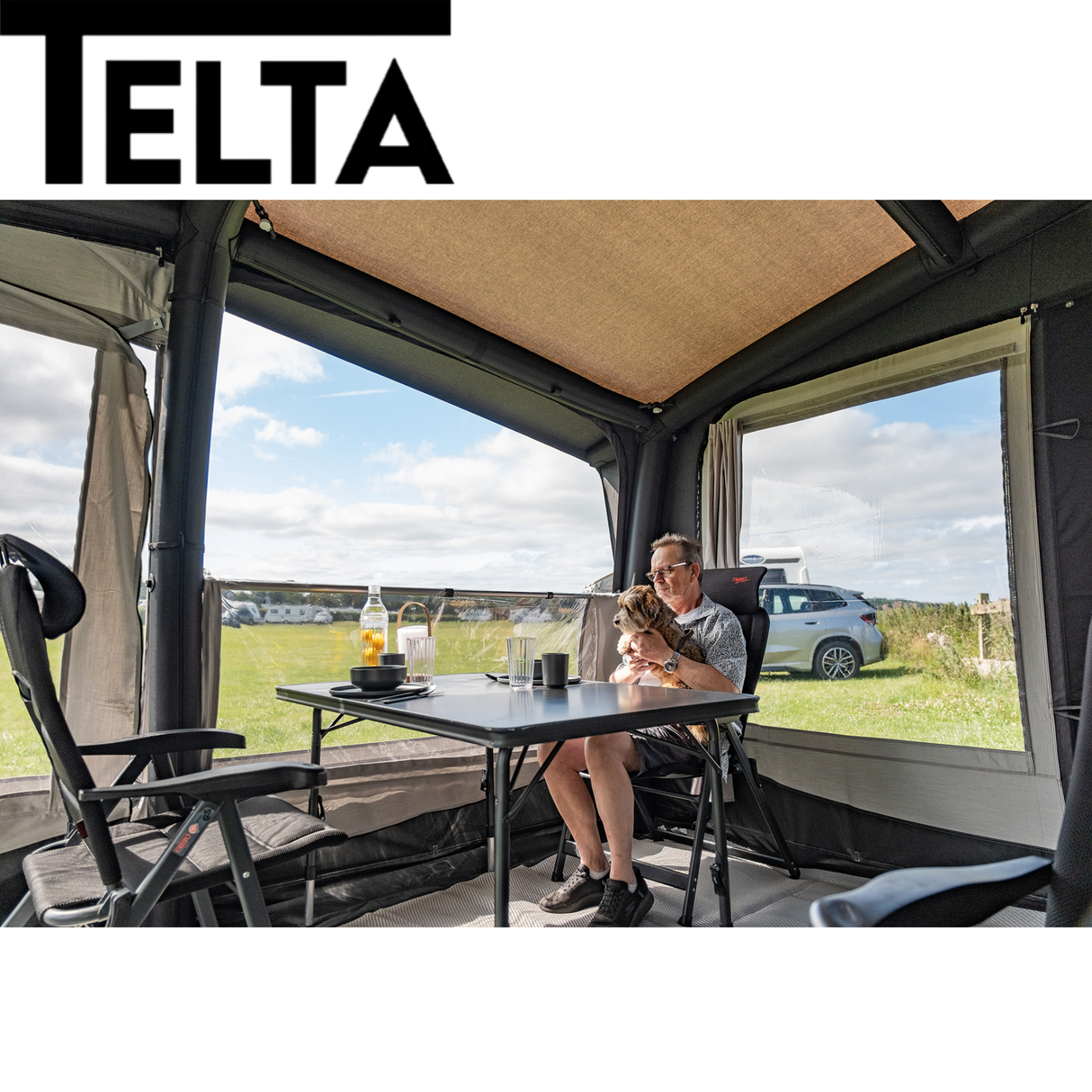 Telta Estate 390 air awning set up, showcasing its spacious design and inflatable structure for residential use.