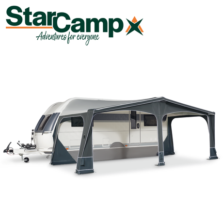 StarCamp Valor Air full air awning set up on a caravan, showcasing its spacious design and all-season functionality.