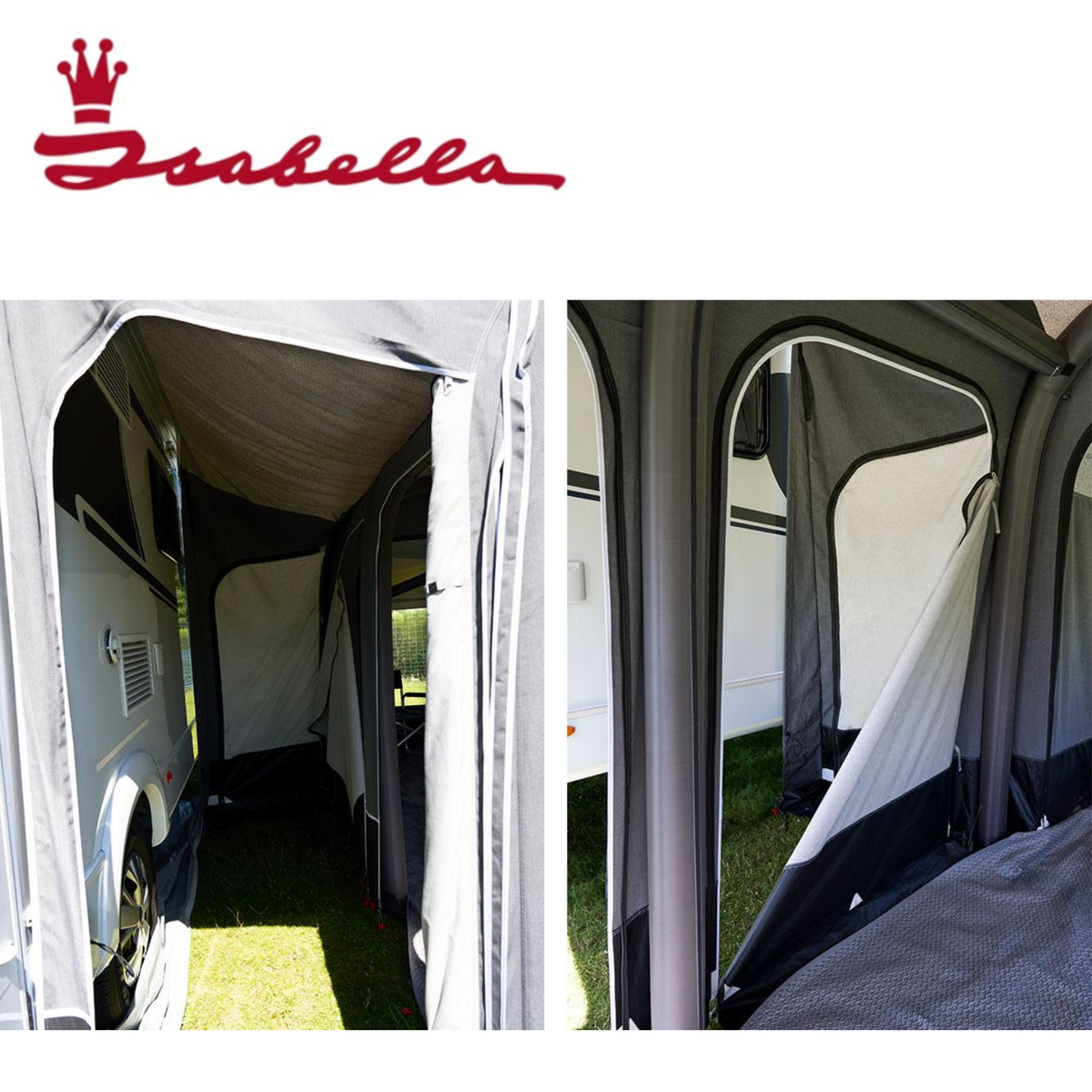 Isabella Ventura Air Vita + Vita Tunnel small motorhome awning, indoor display showing lightweight, compact camping shelter in vivid colors.