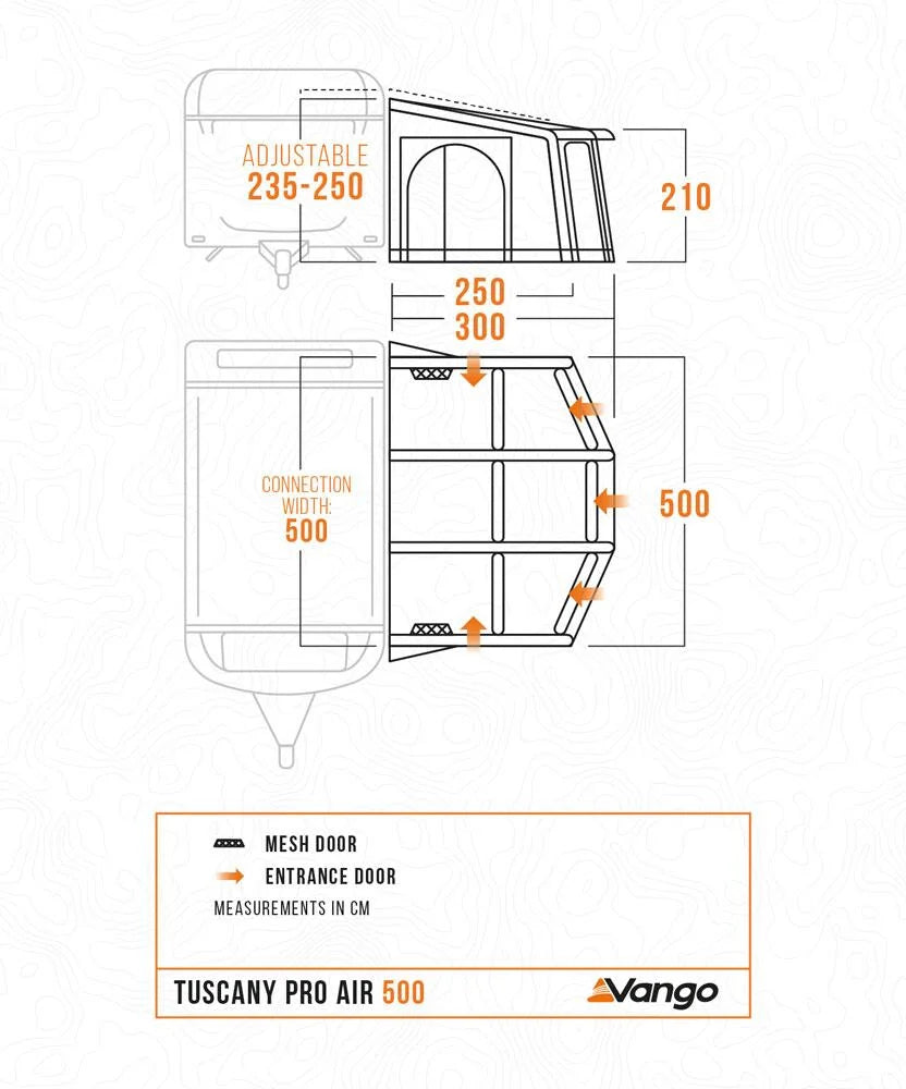 Vango Tuscany Pro Air 500 porch awning set up, featuring spacious design and durable materials for outdoor camping.