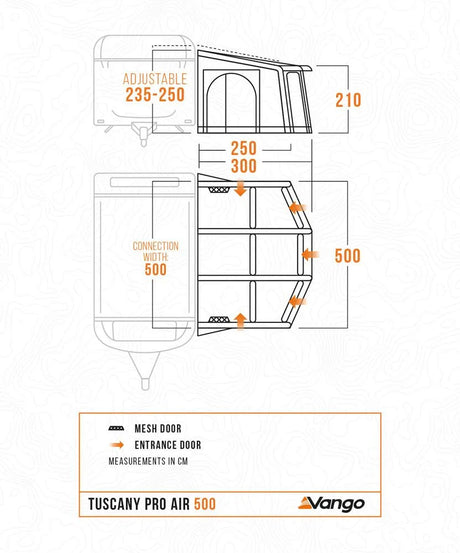 Vango Tuscany Pro Air 500 porch awning set up, featuring spacious design and durable materials for outdoor camping.