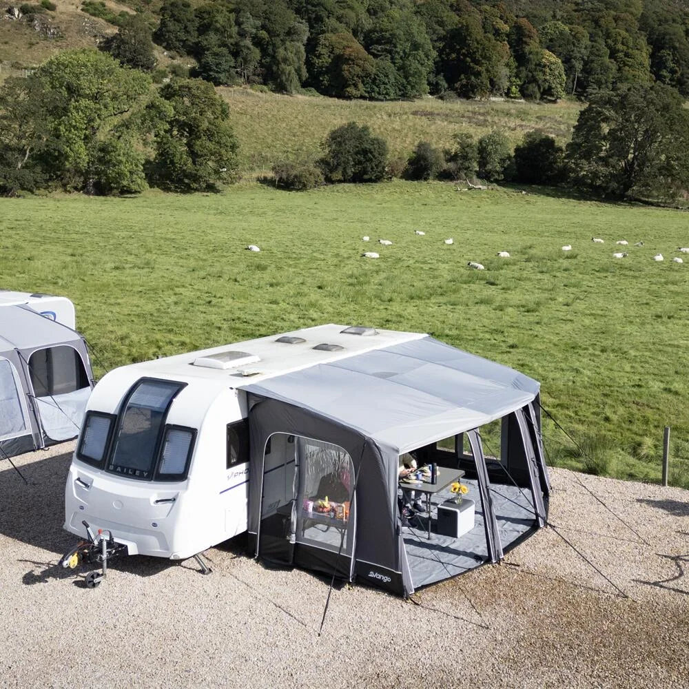 Vango Tuscany Pro Air 500 porch awning showcasing spacious design with air beams and a durable fabric exterior.