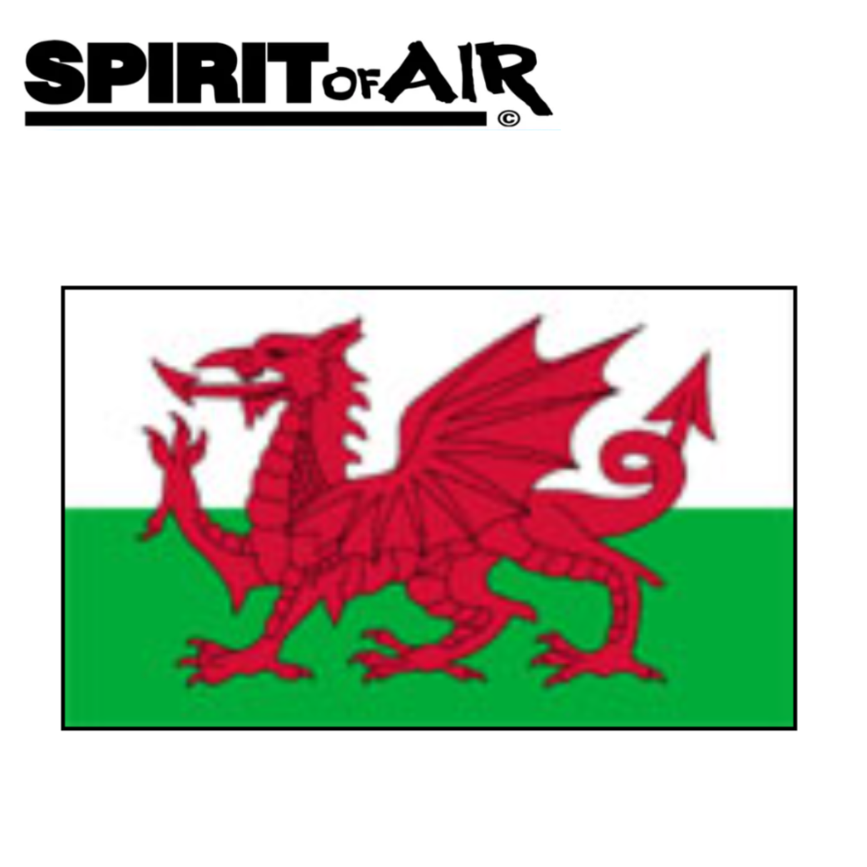 Wales flag featuring a red dragon on a green and white background, 5ft by 3ft, by Spirit of Air.