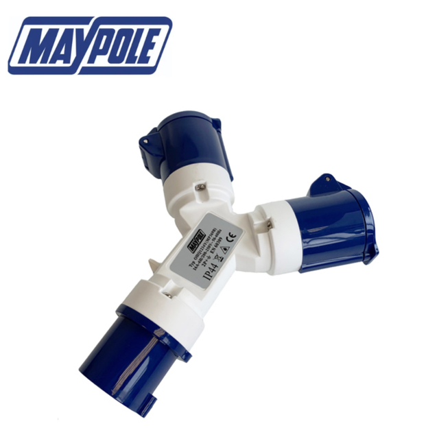 Maypole 230V 2-way hook-up Y splitter showing two electrical outlets connected by a Y-shaped connector.