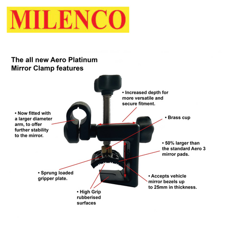 Milenco Aero Platinum Standard Mirrors pair showing adjustable clamps for enhanced visibility on vehicles.