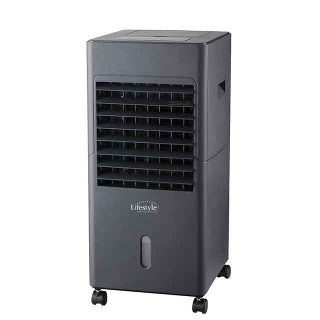 Portable digital air cooler in black with control panel and vents, designed for cooling small rooms or personal spaces.