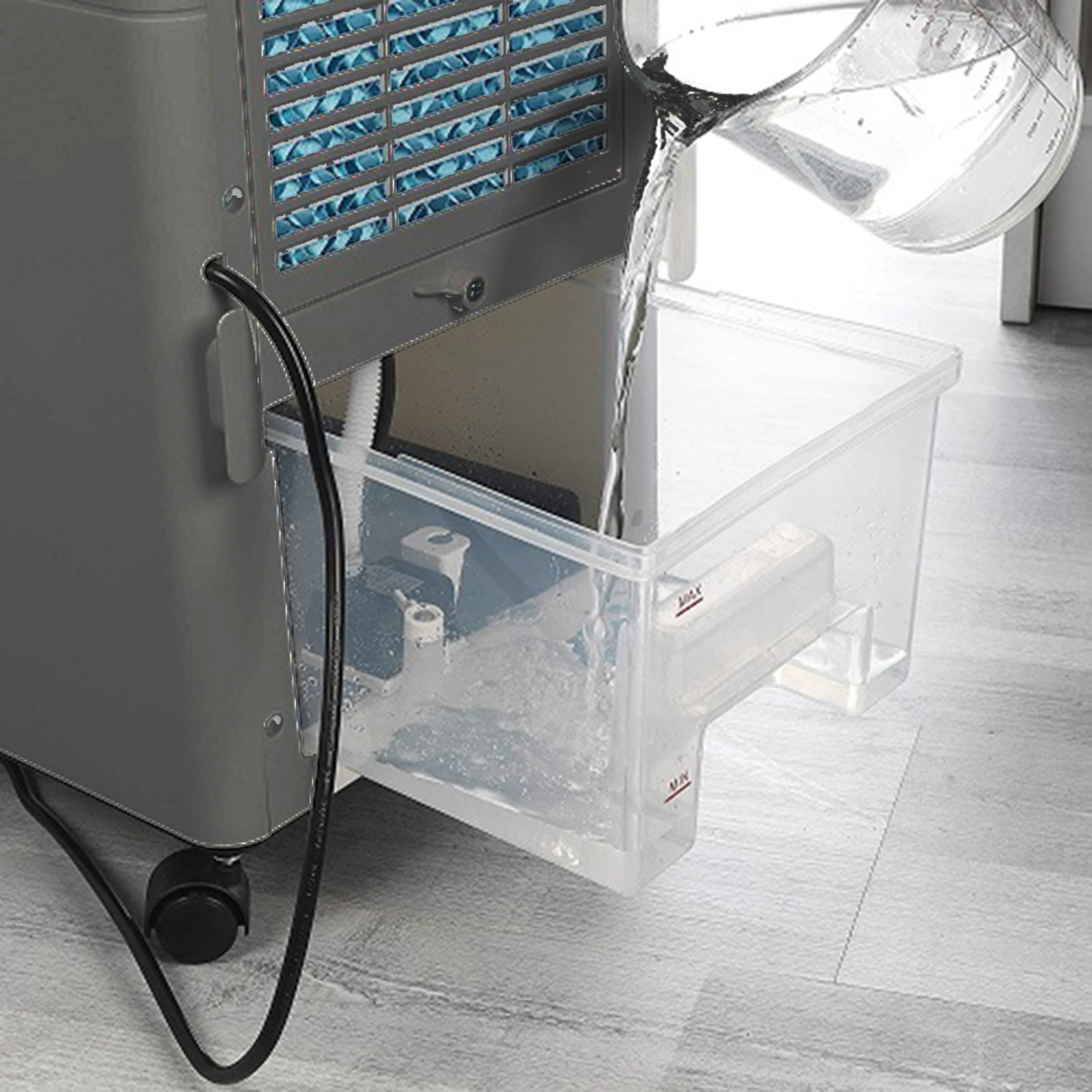 Portable digital air cooler in black with control panel, 6-liter capacity, designed for efficient cooling.