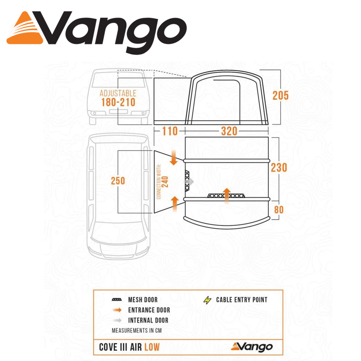 Vango Cove III Air Low Driveaway Awning set up beside a campervan, showcasing its spacious design and air-filled structure.