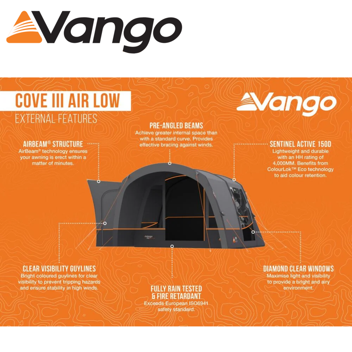 Vango Cove III Air Low Driveaway Awning in a spacious outdoor setting, showcasing its inflatable structure and versatile design.
