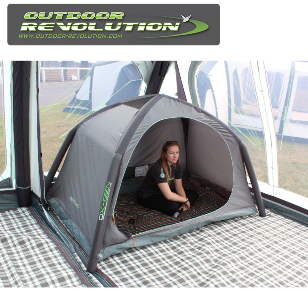 Outdoor Revolution Air Pod Inner Tent shown in black fabric, featuring mesh panels and lightweight construction for camping.