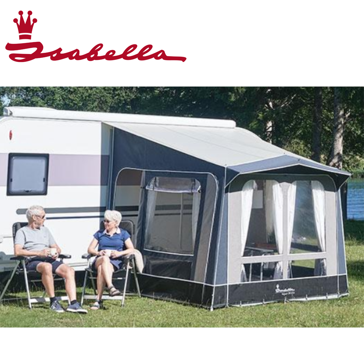 Isabella Magnum 340 Alba porch awning with carbon X frame, shown in front view on a home exterior.