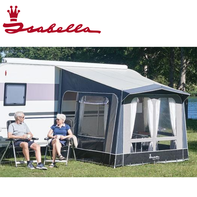 Isabella Magnum 340 Alba porch awning with carbon X frame, shown in front view on a home exterior.