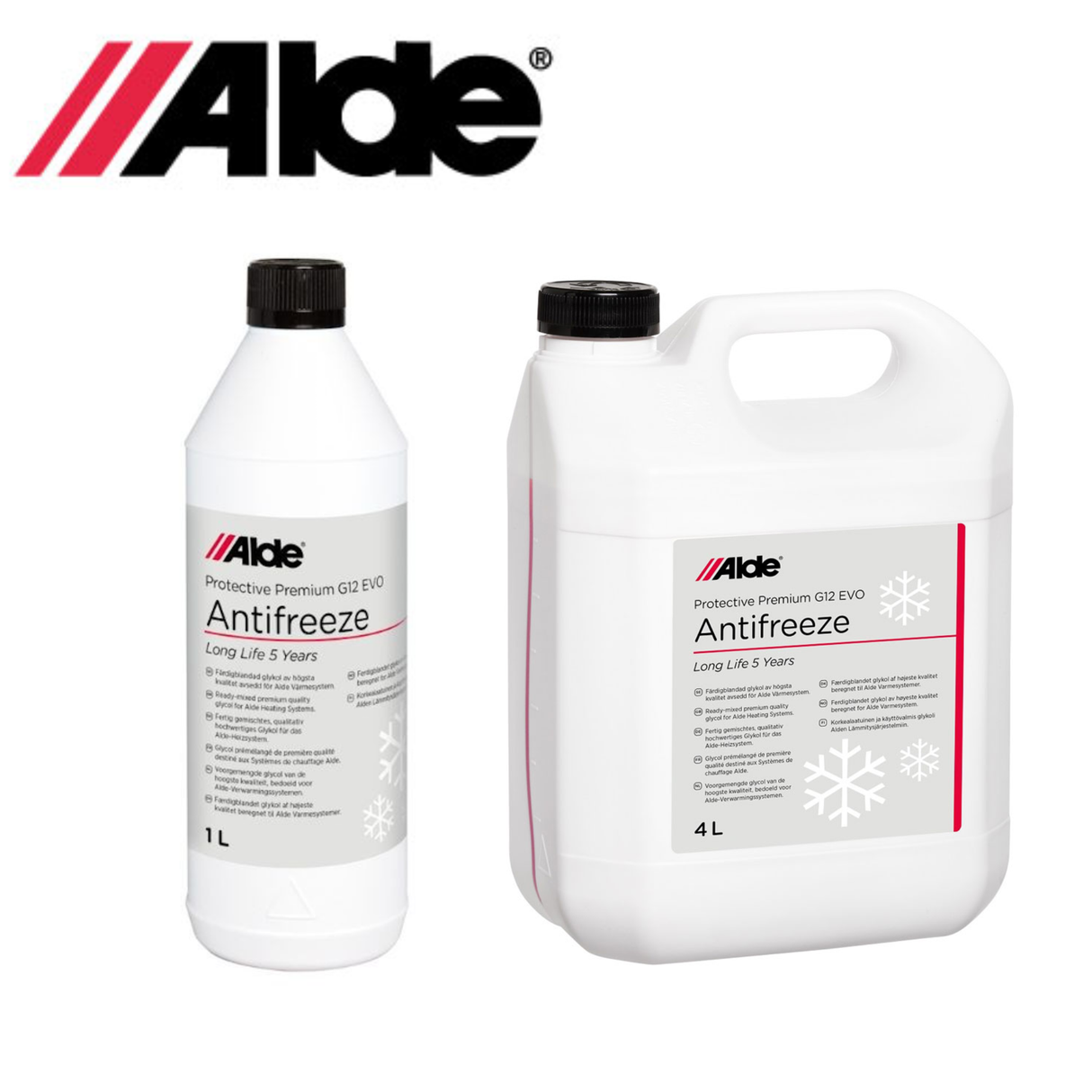 Alde Premium G12evo Antifreeze in 1L bottle, showcasing vibrant red liquid and clear labeling on a white background.