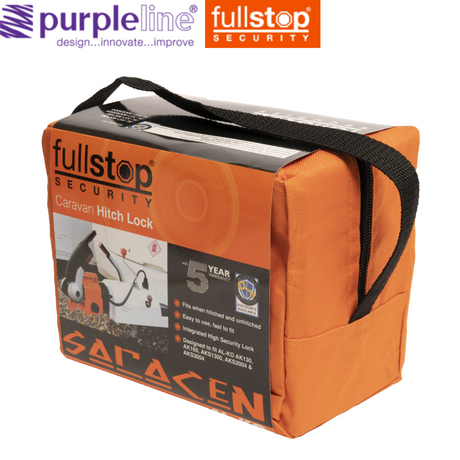 Purpleline Saracen Al-ko Hitch Lock for caravans, model AK130, AK160, AKS1300, AKS2004, AKS3004, displayed on a white background.