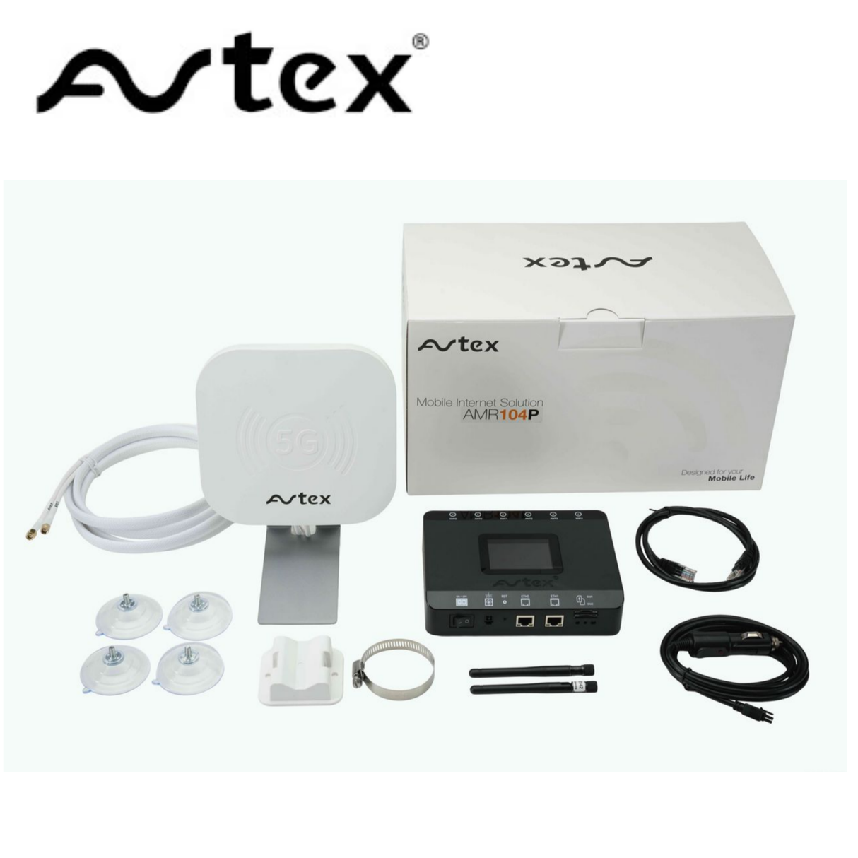 Avtex AMR104P 4G WiFi CAT 6 dual SIM router in white, showcasing its compact design and connectivity ports.