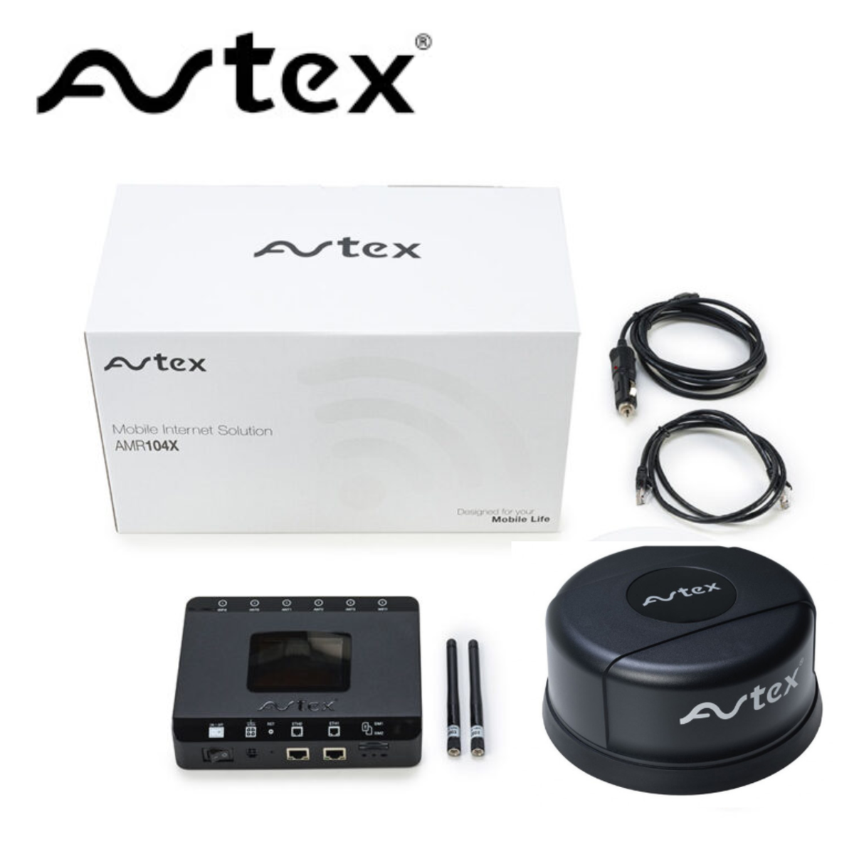 Avtex 4G CAT 6 mobile internet router package in black with dual SIM capability, model AMR104X.