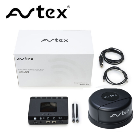 Avtex 4G CAT 6 mobile internet router package in black with dual SIM capability, model AMR104X.