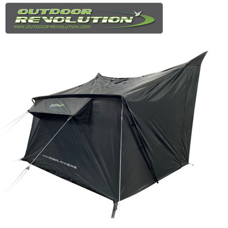 Outdoor Revolution Universal Annexe for poled awnings, showcasing its spacious interior and durable material in a scenic setting.