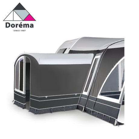 Dorema Deluxe XL Annexe attached to Onyx 270 Awning, showcasing spacious design and durable fabric construction.