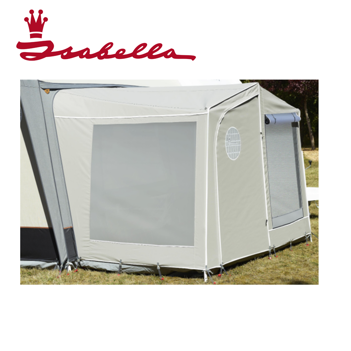 Isabella Annex 250 in sand color with a Zinox frame, showcasing the awning's structure and fabric details.