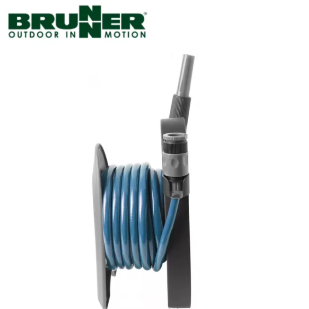 Brunner Aquafil 10m water hose coiled on a reel, durable garden hose for watering and outdoor use.