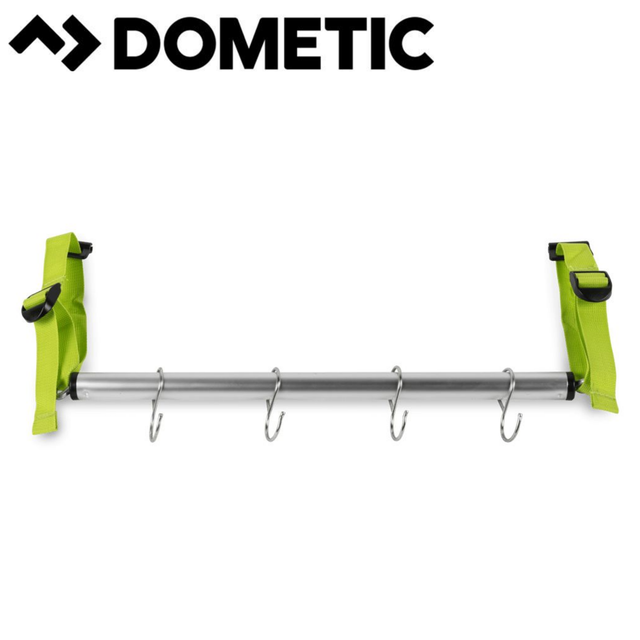 Dometic AccessoryTrack Hanging Rail mounted on a wall for organizing and hanging accessories in a compact space.