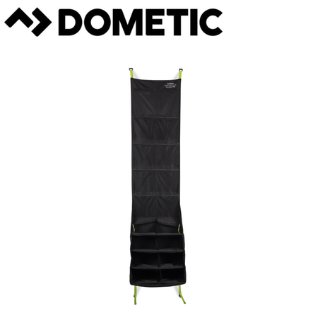 Dometic AccessoryTrack Pro Awning Organiser mounted on a camper awning, with multiple adjustable straps and storage pockets.