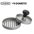 Cadac Dometic burger press with black handle and stainless steel mold for evenly shaped burger patties.