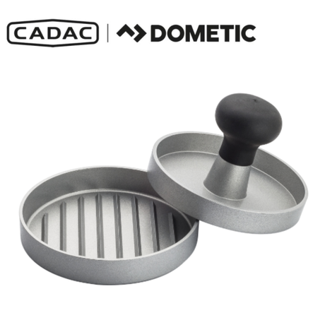 Cadac Dometic burger press with stainless steel construction, showing the round pressing surface and handle for shaping burger patties.