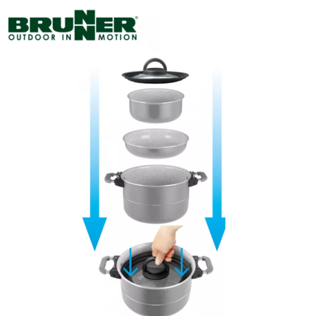 Brunner Fusion 7 + 1 Alu Saucepan Set with 22cm pans and lids, showcasing sleek aluminum cookware for versatile cooking.