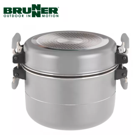 Brunner Fusion 7 + 1 Alu saucepan set featuring 22cm saucepans, lids, and handles for versatile cooking.