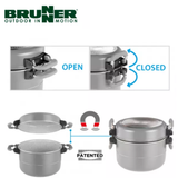 Brunner Fusion 7+1 Alu Cooking Set with 22cm saucepans, lids, and utensils arranged on a countertop.