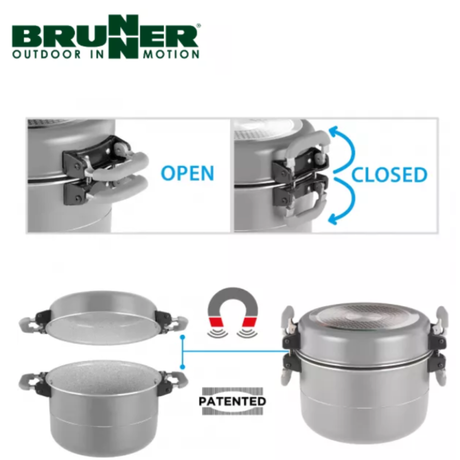 Brunner Fusion 7+1 Alu Cooking Set with 22cm saucepans, lids, and utensils arranged on a countertop.