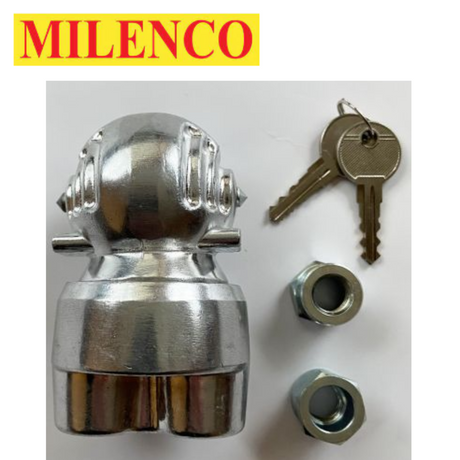 Milenco ball type hitchlock with security nuts, showcasing the lock's durable design and secure fastening mechanism.
