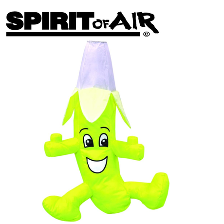 Colorful Spirit of Air Fruit and Veg windsock hanging outdoors, featuring vibrant fruit and vegetable designs on a breezy day.