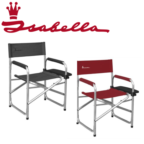 Isabella director chair with grey or red fabric seat and backrest, featuring a sturdy frame and armrests for comfortable seating.