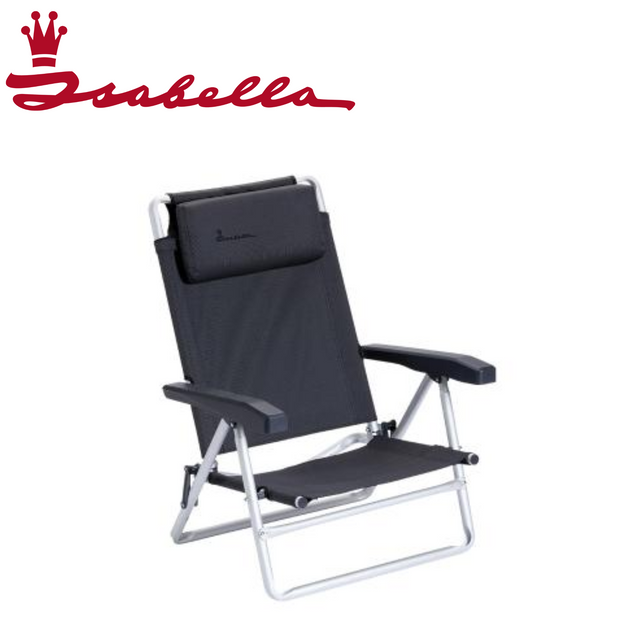 Isabella beach chair in a vibrant color, set up on a sandy beach with a clear blue sky in the background.