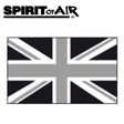 Spirit Of Air UK Union Jack flag in black, grey, and white, 5ft by 3ft, displayed hanging with vibrant colors and bold design.
