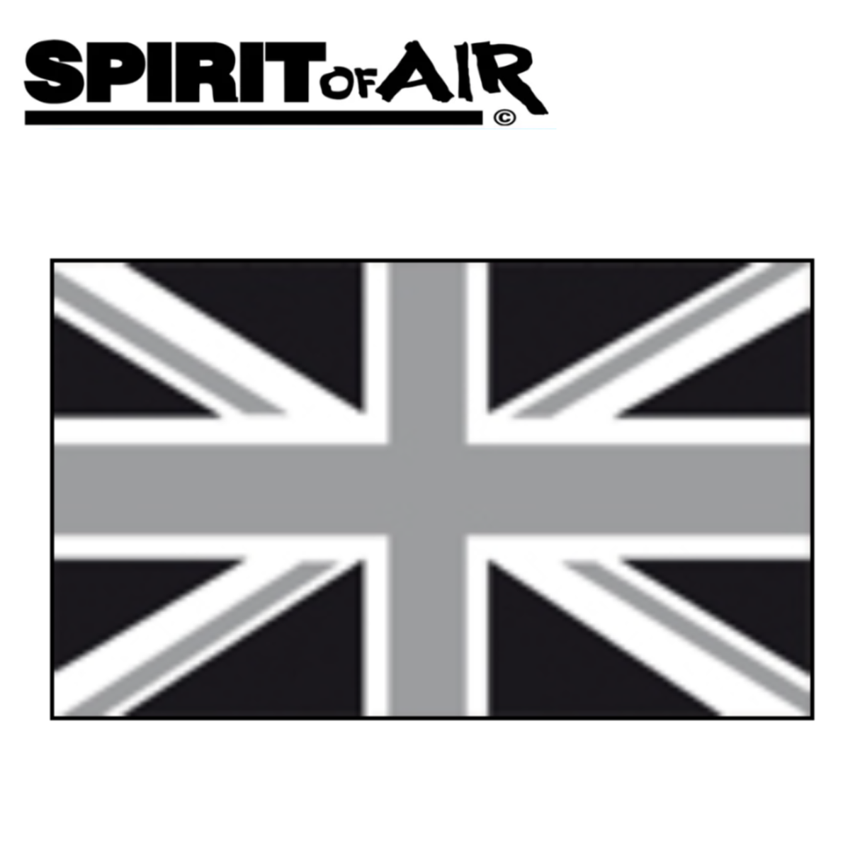 Spirit Of Air UK Union Jack flag in black, grey, and white, 5ft by 3ft, displayed hanging with vibrant colors and bold design.