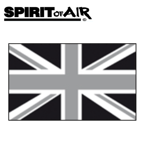 Spirit Of Air UK Union Jack flag in black, grey, and white, 5ft by 3ft, displayed hanging with vibrant colors and bold design.