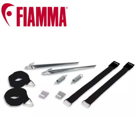 Fiamma Tie Down Kit S in black, featuring durable straps and hooks for secure vehicle or tent anchoring.