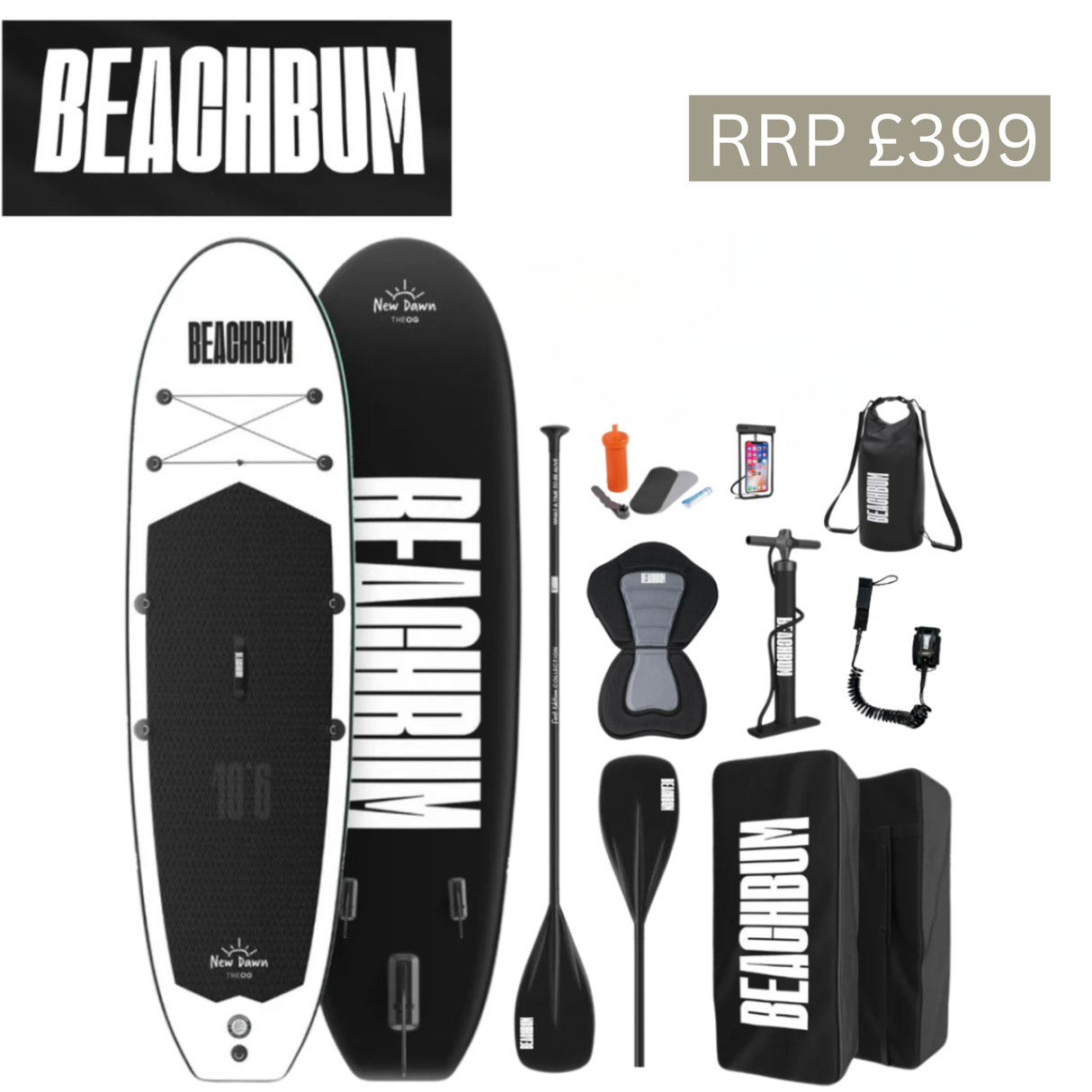 Black and white BeachBum paddle board bundle image showing a complete paddle board set with accessories for water fun.