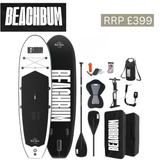 Black and white BeachBum paddle board bundle image showing a complete paddle board set with accessories for water fun.
