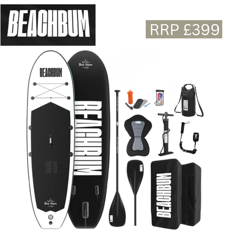 Black and white BeachBum paddle board bundle image showing a complete paddle board set with accessories for water fun.