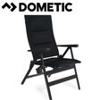 Dometic Cortina Black reclining chair with padded armrests and ergonomic design, ideal for relaxation and outdoor use.