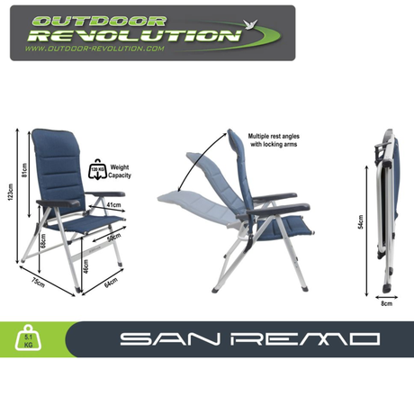 Outdoor Revolution San Remo highback reclining chair in blue, made from durable 600D polyester for outdoor comfort.