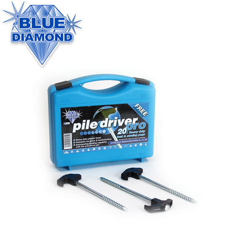 Blue Diamond heavy-duty pegs in blue, designed for secure anchoring, displayed in a pack of 20.